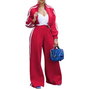Akmipoem Sweatsuits Women 2 Piece Outfit Striped Tracksuit Long Sleeve Zipper Cropped Jackets Wide Leg Sweatpants Set (Small, Red)