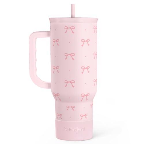 SANDJEST Gift for Women Girls - Coquette Bow Stainless Steel Tumbler with Handle, Travel Coffee Mug - Gifts for Birthday Christmas, 40oz