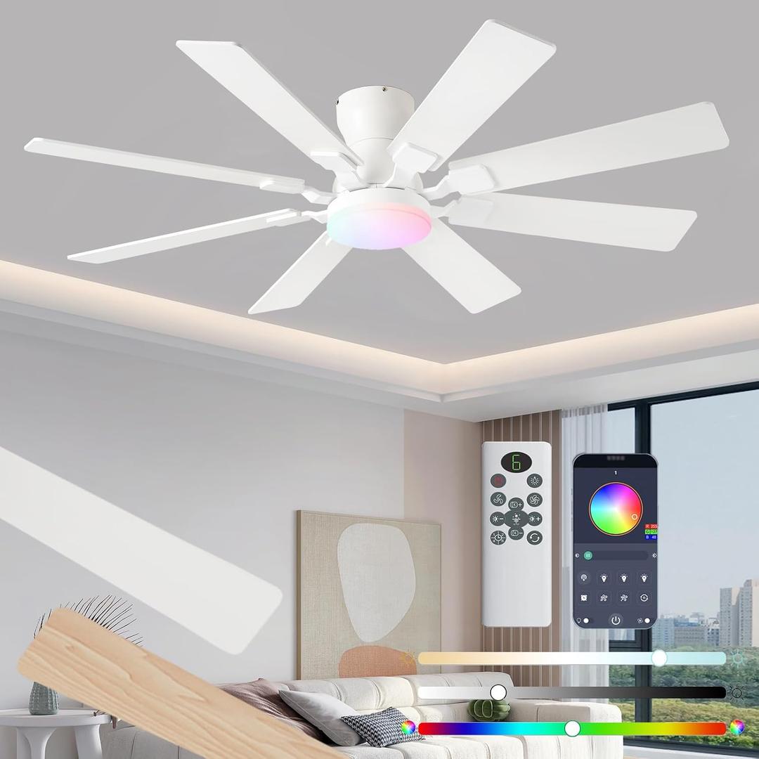 JSAITEE 52 inch Ceiling Fan with Light Remote Flush Mount White