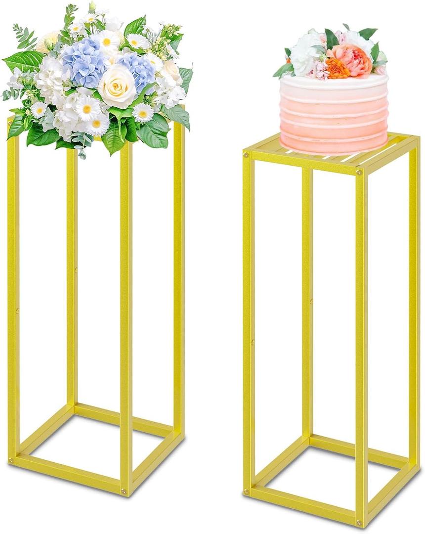 Gold Cylinder Stands for Party,2pcs Wedding flower stand,Metal Square Pedestal Stand for Display plant Parties Birthday Decor,31.5 Inch