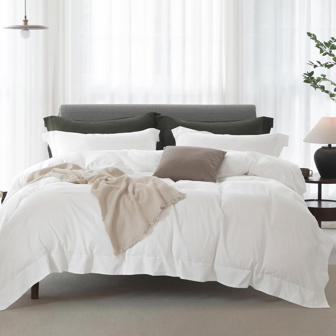 Full Duvet Cover - 3 Piece 100% Washed Cotton Linen Feel Bedding Set, All Season Breathable Cozy, Double Stitched Hem, Hemmed Off White,80"x90"