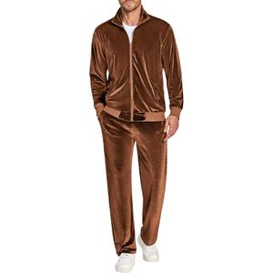 COOFANDY Mens 2 Piece Velour Tracksuit Full Zip Jackets Pants Velvet Jogging Suits Sweatsuit Set (Brown, XL)