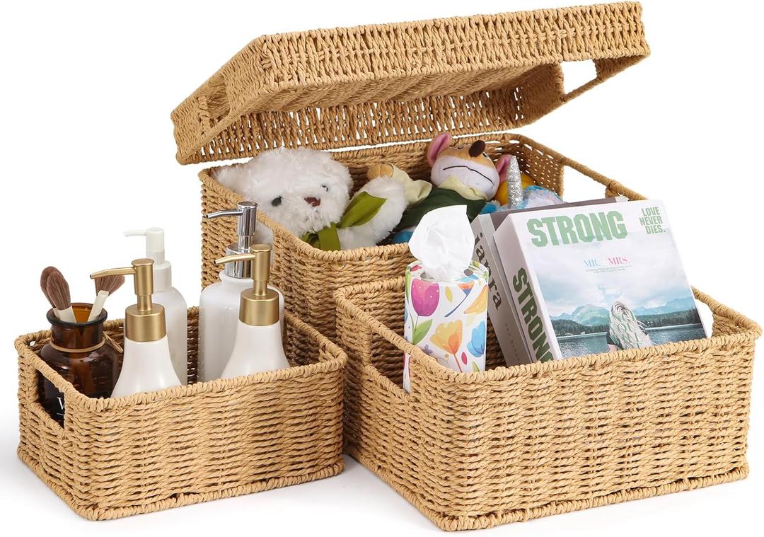 Wicker Storage Basket with Lid - Woven Basket for Storage,Rectangular Decorative Boxes Bins with Lids for Shelves,living room, Nursery, 3 baskets+1 lids(Natural)