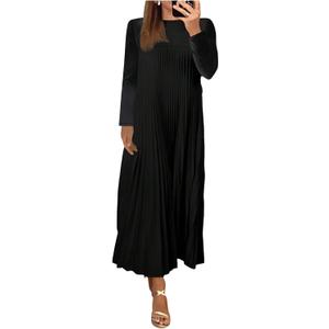 GORGLITTER Women's Pleated Church Maxi Dress Fall Casual Cocktail Holiday Long Sleeve Crew Neck Flowy Loose Long Dress (Black, S)