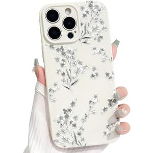 NITITOP Compatible with iPhone 14 Pro Case Cute Flower Floral Branch Leaves Pattern for Women Girls Trendy Slim Fit TPU Bumper Silicone Shockproof Full Camera Protection Cover - White
