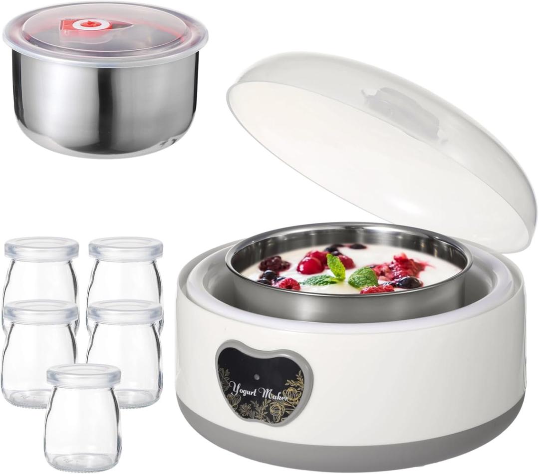 15W Yogurt Maker Machine, 1.2 L Automatic Stainless Steel Yogurt Maker with 5 Tight Seal Glass Jars, Auto Constant Temperature, PTC Heating, Home Yogurt Machine, Healthy Present