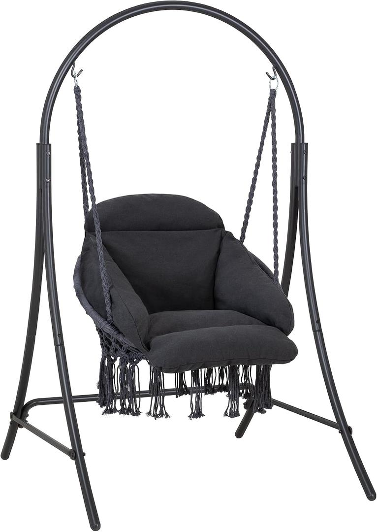 ANOW Hanging Swing Chair with Stand Included, Heavy Duty Hammock Chair with Stand and Removable Padded Cushion, Max 400 Lbs, Dark Grey