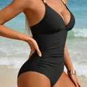 Aidonger One Piece Swimsuit Tummy Control Ruched Bathing Suit for Women Slimming Swimwear Deep V Neck Tie Back Swim Suit (Black, L)