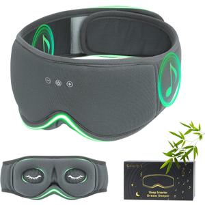 Bamboo Cotton Sleep Mask with Bluetooth Wireless Headphones - Blackout Eye Mask for Sleeping 3D Contoured Sleep Headband Ear Muffs Lengthen & Low Noise Hook for Better Experience (Grey)