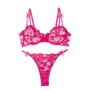 Lilosy Sexy Cute Underwire Push Up Strappy Heart Embroidered Mesh Sheer Lingerie Set for Women Bachelorette See Through Bra and Panty 2 Piece Bow Hot Pink Medium