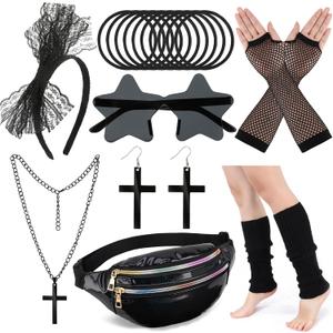 80s Costume Accessories Set for Women, Black Holographic Pack Fishnet Gloves Leg Warmer Lace Headband Cross Jewelry, 1980s Fancy Prom Dress Party Outfit