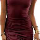 Women Ruched Bodycon Dress Drawstring Tank Dresses Ribbed Summer Mini Dress X-Small