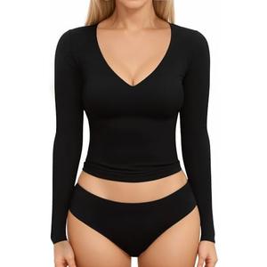 MANGOPOP Women's V Neck Long Sleeve Fitted T-Shirt XL