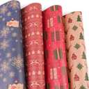 Happypapa Christmas Wrapping Paper, Kraft Xmas Wrapping Paper Rolls - Jingle Bell, Reindeer, Gift and Snowflakes Pattern - 4 Rolls - 17 Inch  120 Inch Per Roll