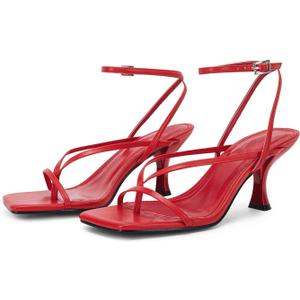 PiePieBuy Women's Lace Up Heeled Sandals Square Flip Flop High Heels Strappy Party Shoes (11, Red)