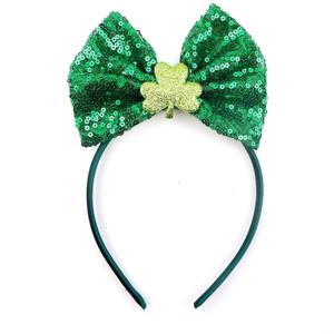 St. Patrick's Day Bow Headband for Women & Girls - Green Shamrock Glitter Headband with Sequin Bow, Clover Design Hair Hoop, Irish Party Hair Accessories, March 17th Festival Gift