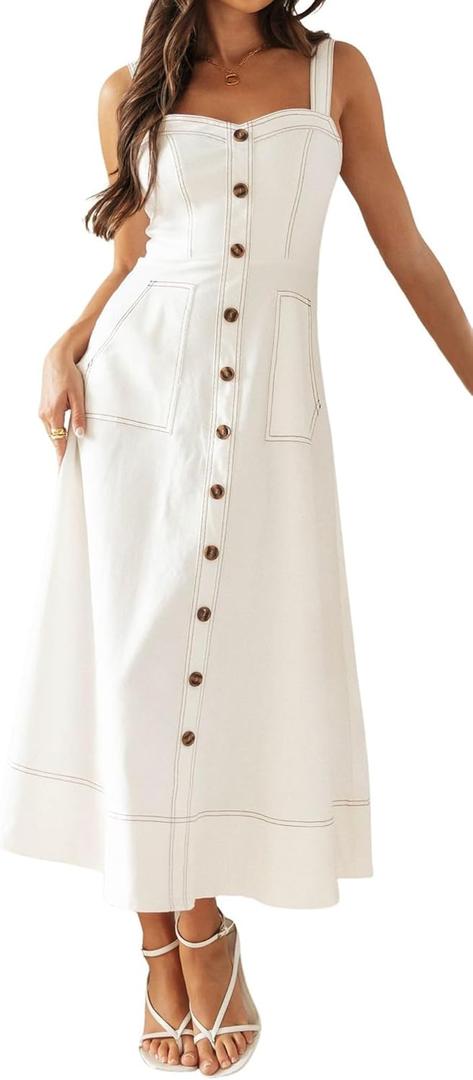 chouyatou Women's Adjustable Strap Midi Long Denim Dress 2025 Button Down A-Line Swing Flowy Jean Dress (Off-white) 