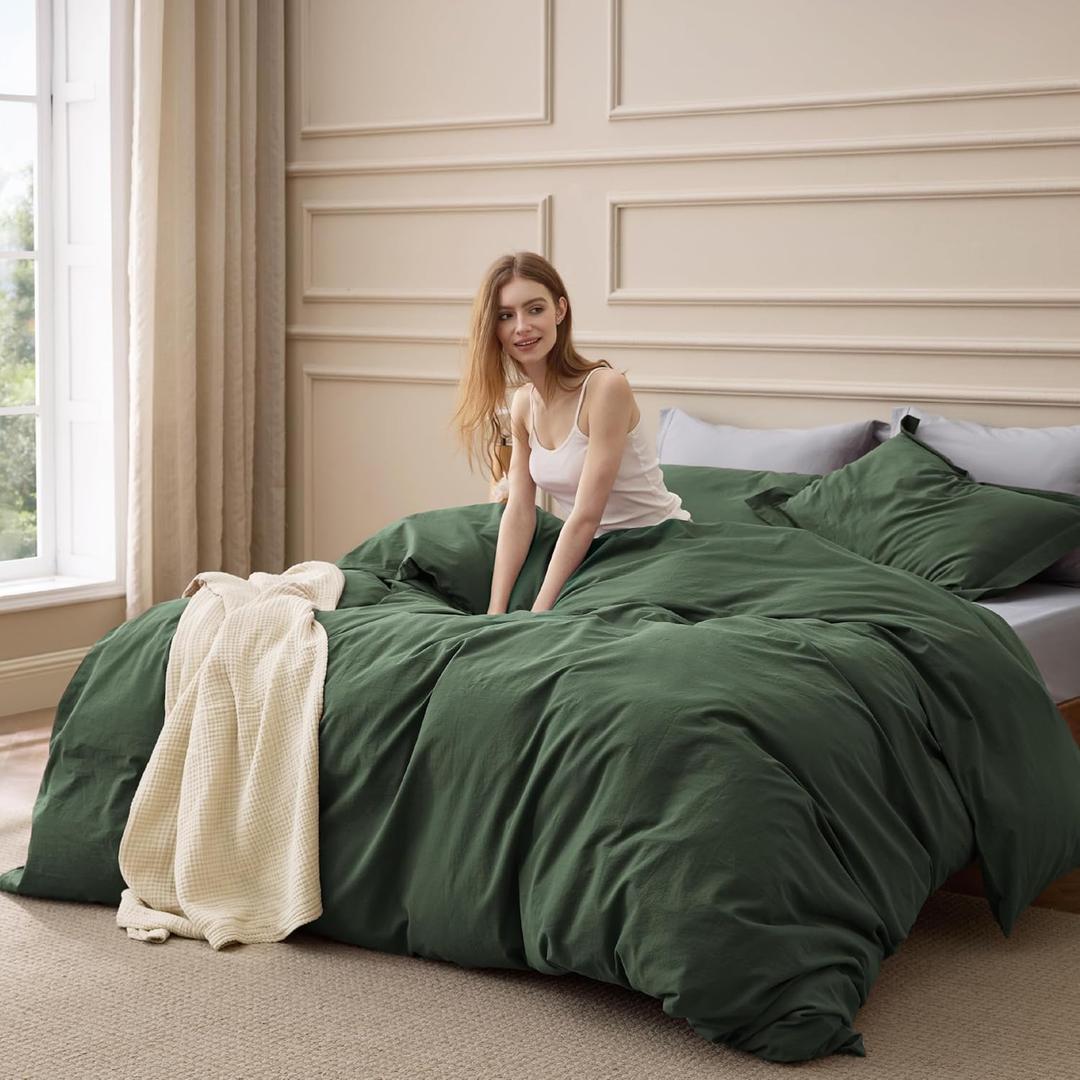 Bedsure 100% Washed Cotton Duvet Cover King Size - Olive Green Minimalist Bedding Set Linen Like - PureWoven Plain Simple & Soft Comforter Cover for All Seasons (Olive Green, King, 104"x90")