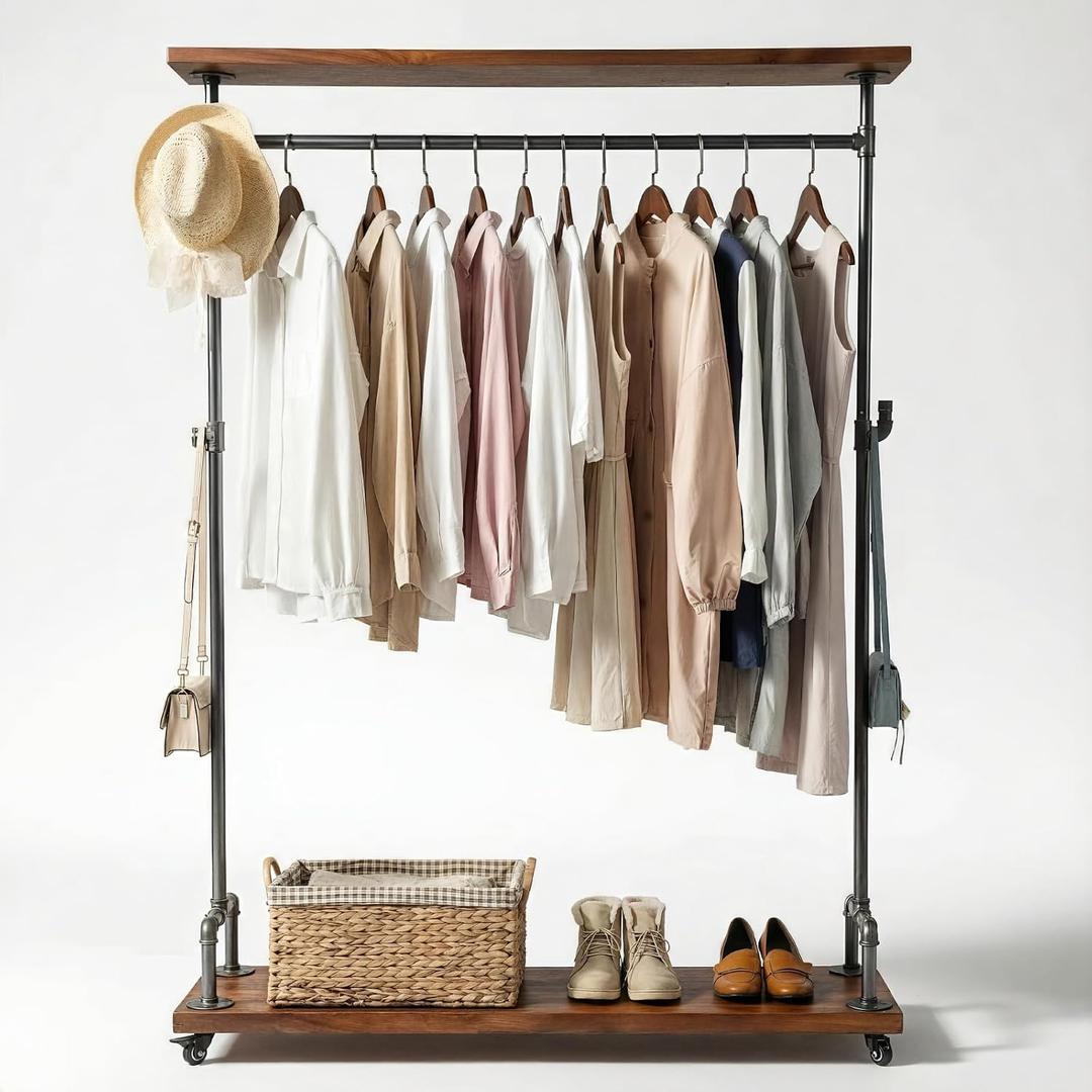 Industrial Pipe Clothing Racks, Rolling Garment Racks, Hall Tree on Lockable Wheels with Shelves and Shoes Storage, Heavy Duty Clothes Rack (Free Standing)