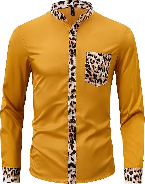 ZAFUL Men's African Shirt Hipster Tribal Graphic Patchwork Slim Fit Tee Long Sleeve Button Down Mandarin Collar Shirts, M