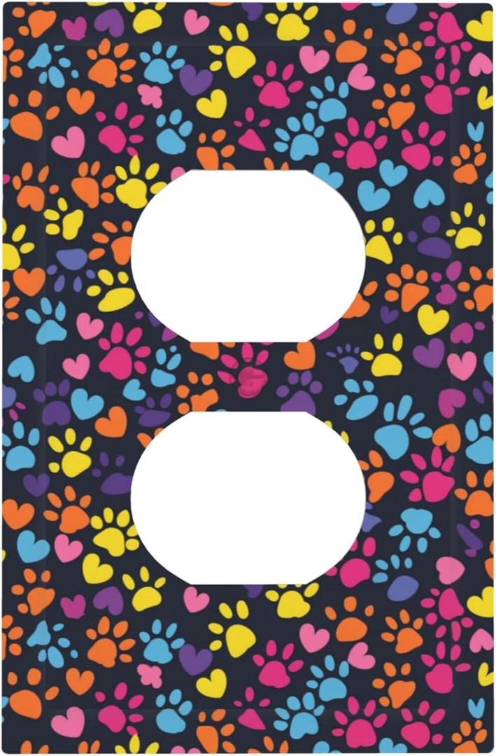 Colorful Dog Cat Paw Print 1 Gang Single Duplex Receptacle Outlet Cover Jumbo Size Electrical Wall Plate Electric Decorator Light Switch Face Socket Plate Cover