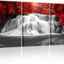 KREATIVE ARTS Black White and Red Canvas Wall Art 3 Pieces Red Woods Waterfall Canvas Print Landscape Paintings Framed Picture for Office and Home Dcor Ready to Hang 16x24inch