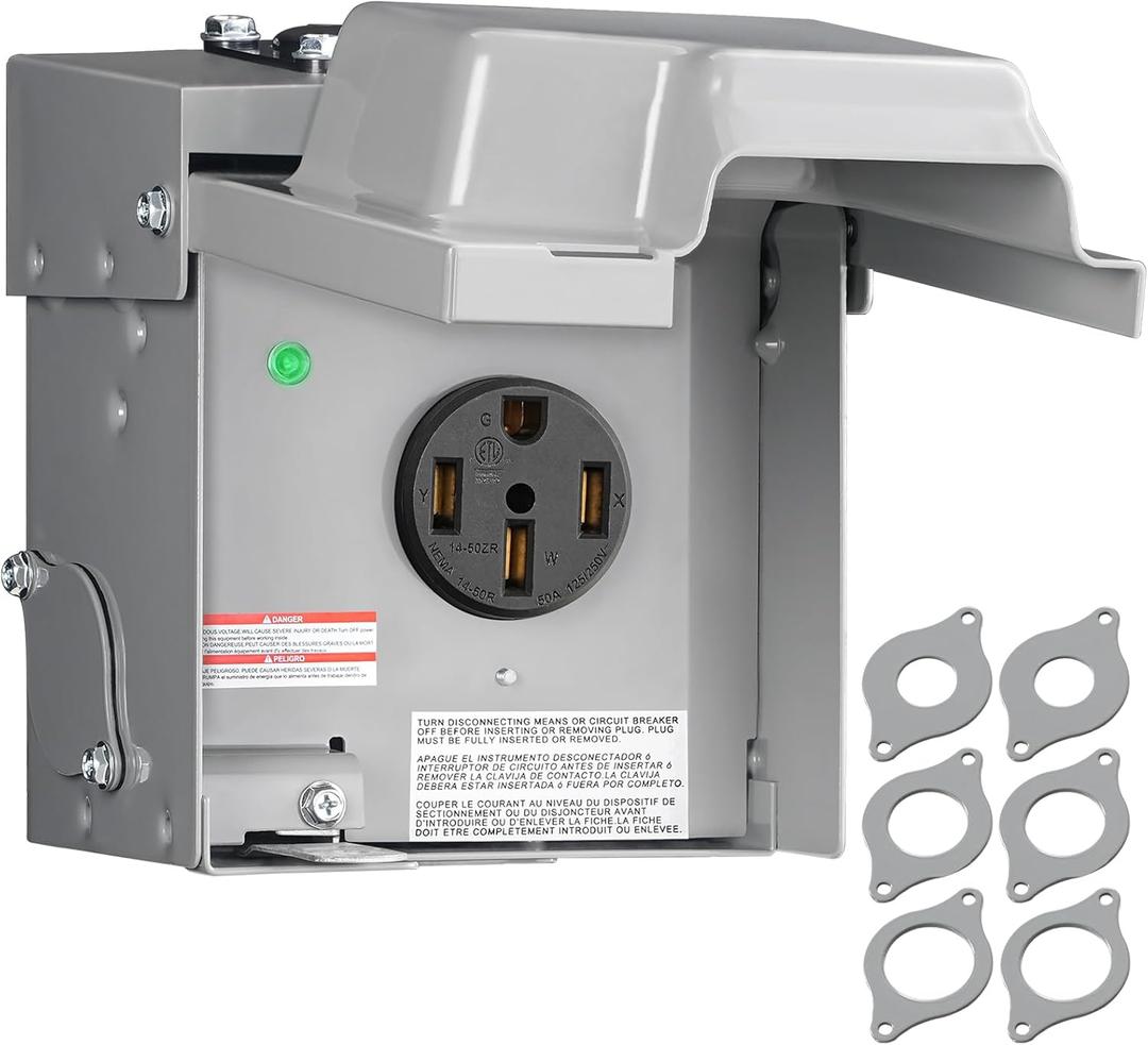 50 Amp RV Power Outlet Box, 125/250V NEMA 14-50R RV Outlet Weatherproof, Outdoor RV Electrical Outlet with Receptacle Panel, Enclosed Lockable Power Box for RV Camper, ETL Listed H91OB06