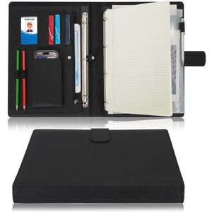 Wonderpool A4 PU Leather 3 & 4 Ring Holder Writing Portfolio Multi Document Case with Removable Binder Clipboard and Functional Pocket for Organizer Office Travel School (Black)