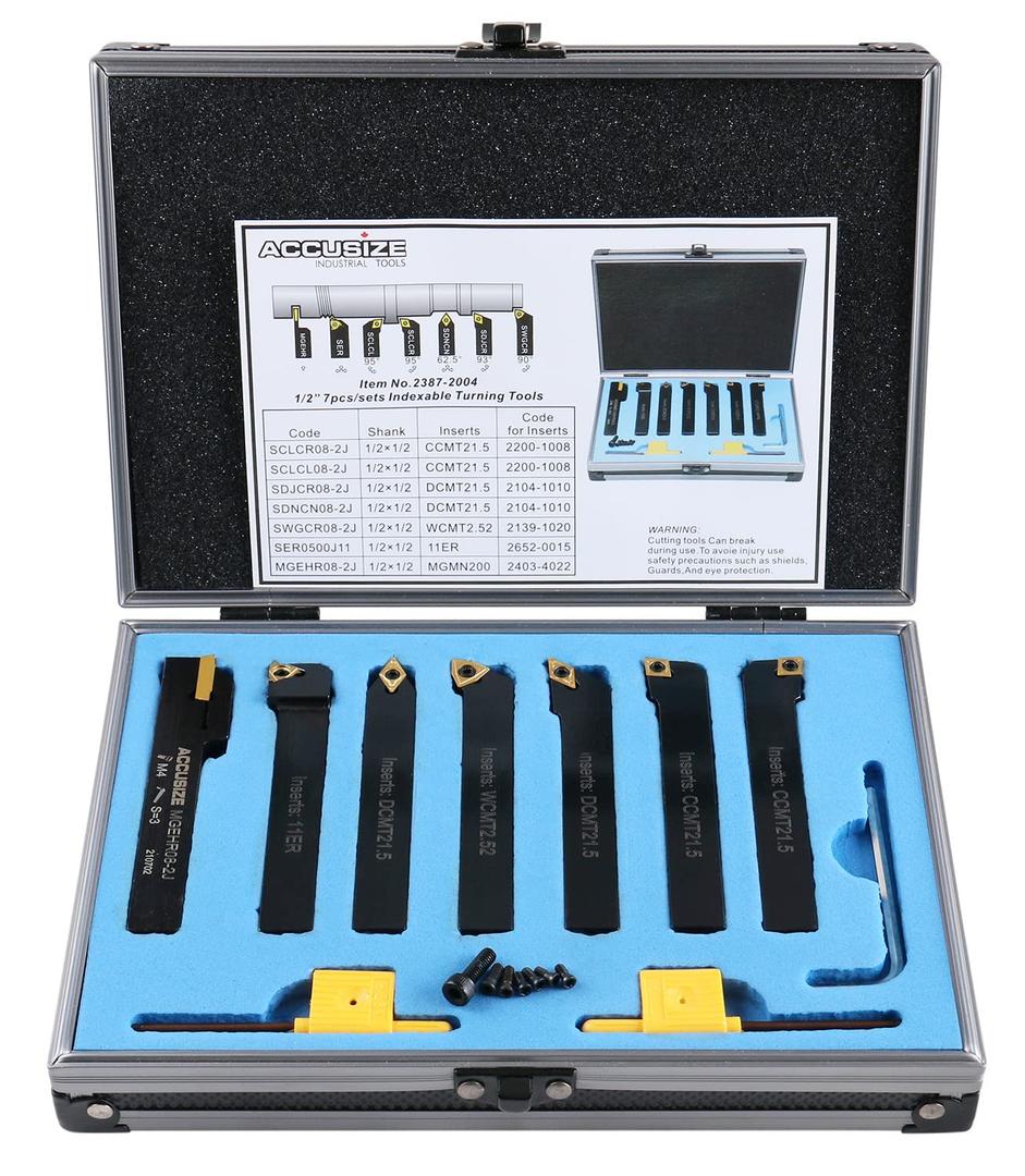 Accusize Industrial Tools 7-Ps Indexable Carbide Turning Tool Set, 1/2" Shank, C6 Grade TiN Coated Inserts, in Fitted Aluminum Case, 2387-2004