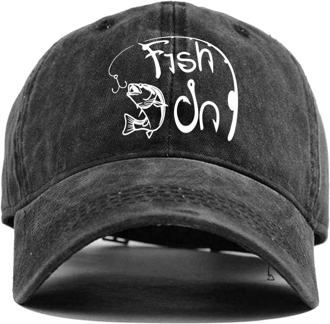 Fish On, Funny Vintage Cotton Washed Baseball Cap, Gift for Fishing Enthusiasts, Handsome Dad Fisherman Hat, One Size Black
