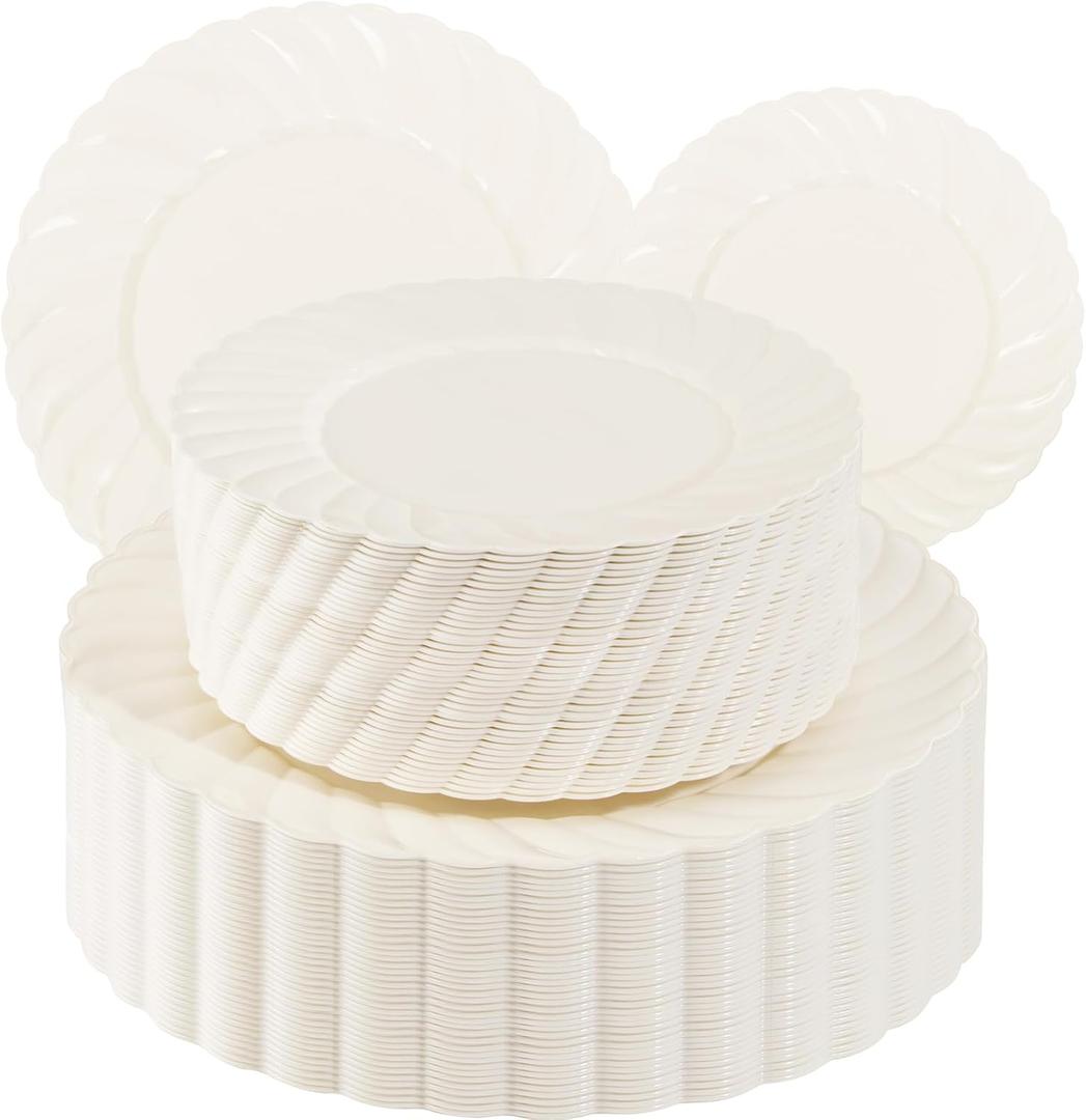 U-QE 100 Piece Ivory Scalloped Plastic Plates for Party - Plastic Plates Disposable Heavy Duty - High End Disposable Plates for Wedding Including 50PCS 9 '' Dinner Plates & 50PCS 6.5 '' Dessert Plates