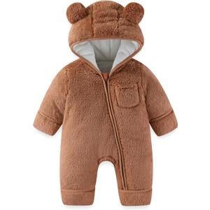 Newborn Baby Bear Outfit With Fold-Over Mittens and Footies Girls Boys Winter Fleece Clothes Hooded Romper Snowsuit (6-9 Months, Thickened-brown)