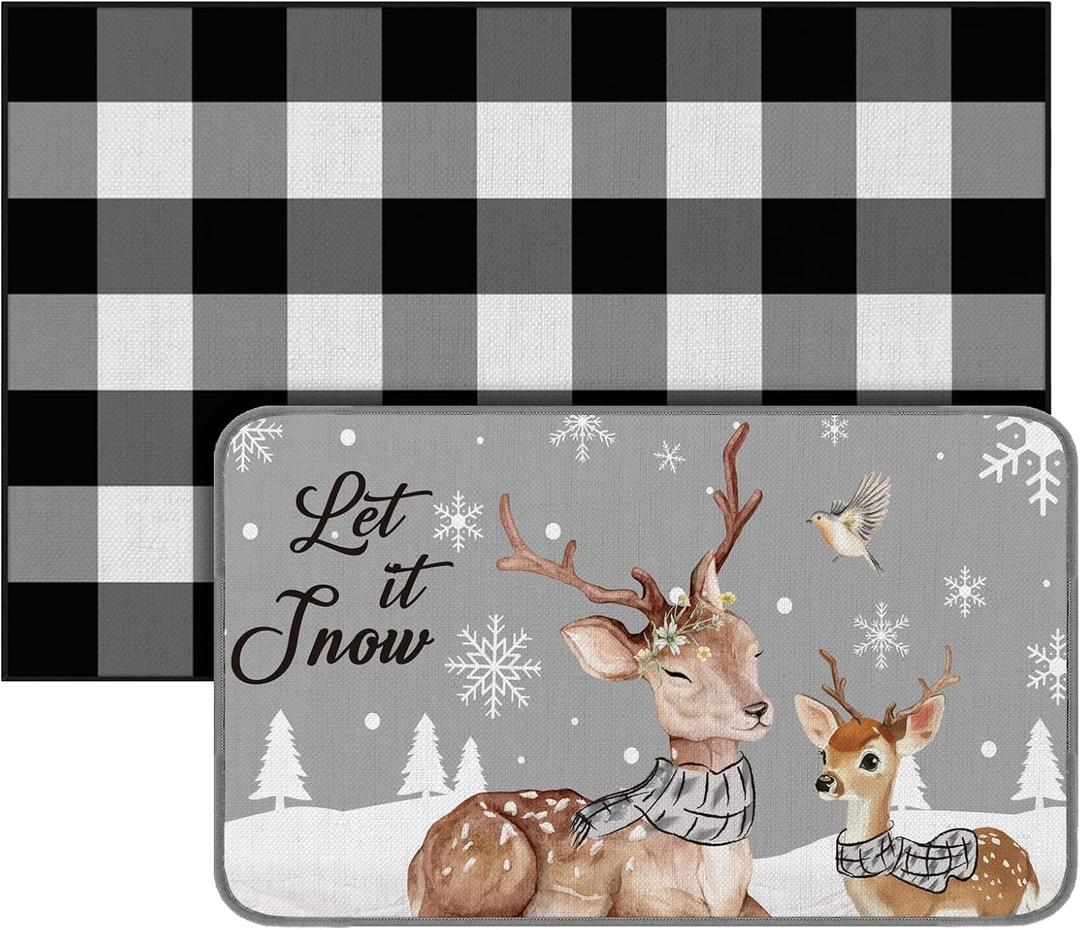 Dunzy 2 Pcs Christmas Welcome Mat Outdoor Reindeer Doormat 17x30 & Black White Plaid Entrance Rug 28x43 Non Slip Floor Mat Layered for Indoor Outside Xmas Elk Home Front Door Porch Entryway Decor (Let It Snow)