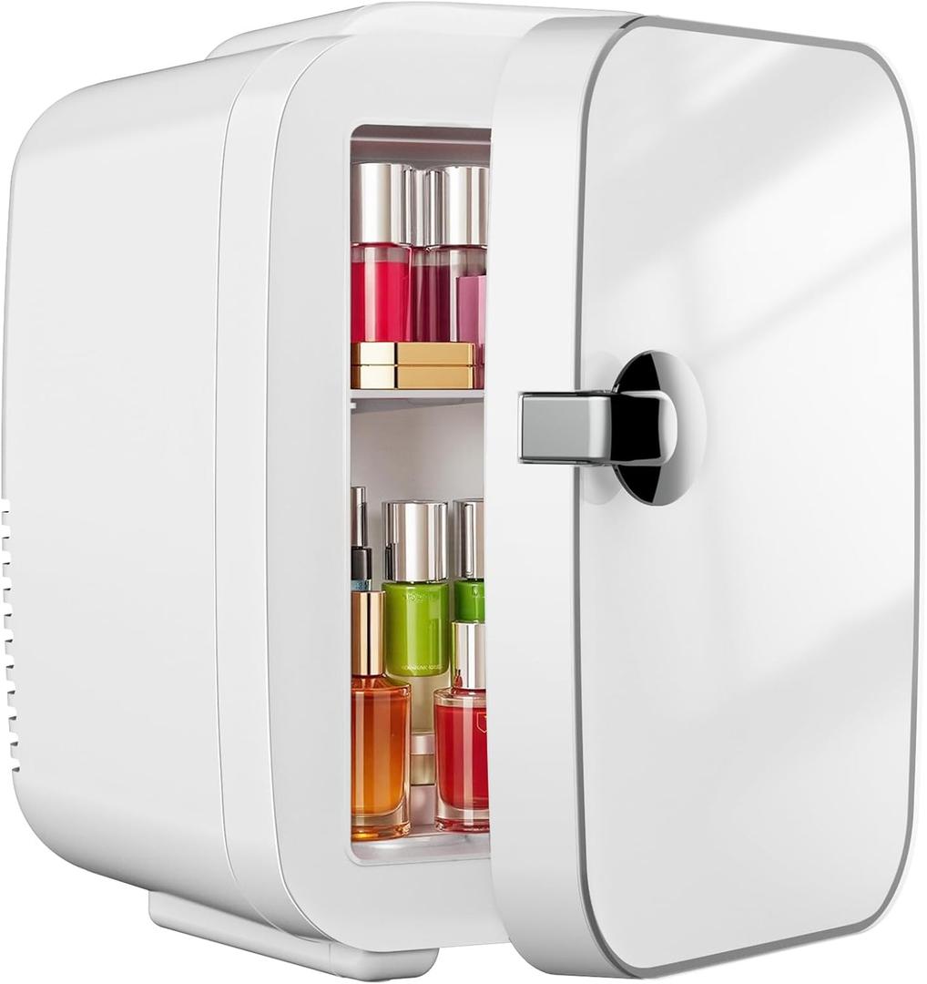 DUMOS 4L Mini Fridge 6-Can Thermoelectric Cooler & Warmer Compact 110V AC/12V DC Refrigerator for Skincare Drinks, and Food  Retro Style for Car, Office, Dorm, Bedroom, White