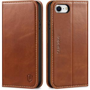 SHIELDON Wallet Case for iPhone SE 2022/2020, Genuine Leather Folio Magnetic Shock Absorbing Case Credit Card Holder Kickstand Compatible with iPhone 8/7 4.7" - Retro Brown