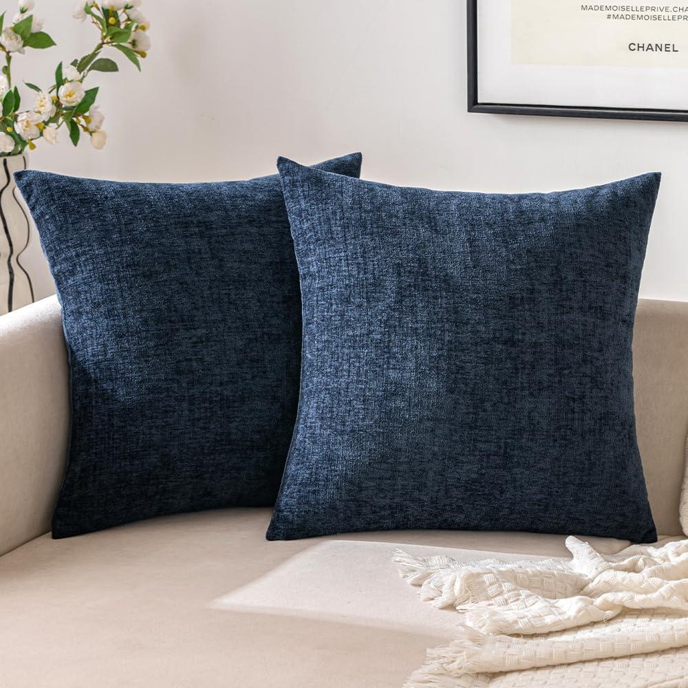 EMEMA Square Throw Pillow Covers 20"x20" Inch Set of 2 Decorative Couch Pillow Covers Chenille Modern Solid Pillowcases for Sofa Bedroom Navy Blue 50x50CM (Only Covers)
