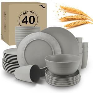 Wrova 40Pack plates and bowls sets for kitchen - Unbreakable wheat straw dinnerware sets service for 8 - Alternative plastic 40pcs dish sets for picnic,camping and R.V. - (Grey)