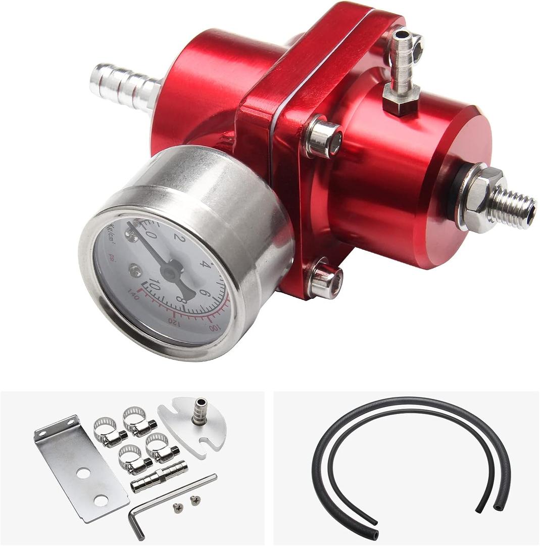 Adjustable Fuel Pressure Regulator With Gauge Hose 0-140 PSI Universal 6AN FPR Kit Aluminum Red