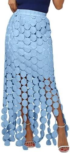 Kissonic Womens Long Fringe Maxi Skirt Summer Hollow Out Boho Elastic High Waist Skirt Size M
