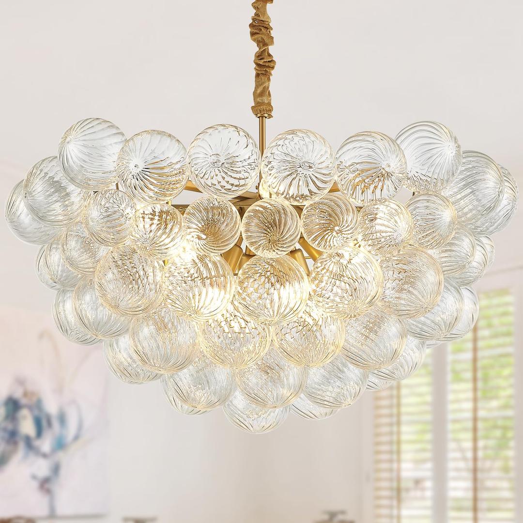 brfaixla 12 Lights Large Dia 31" Nordic Bubble Ball Chandelier Modern Gold Swirled Clear Ribbed Blown Glass Chandelier Light Fixture for Living Room Dining Room Kitchen Foyer Entryway