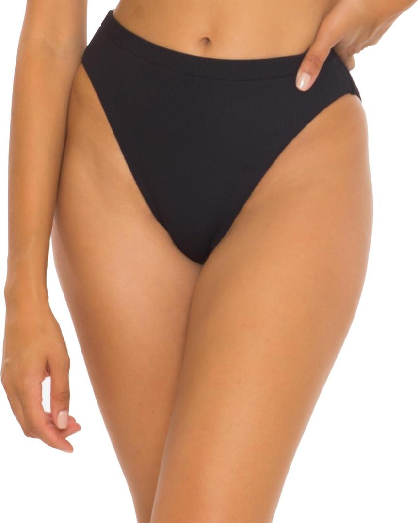 BECCA Women's Fine Line French Cut Bikini Bottom, Cheeky Coverage, Swimwear Separates (Black, M/L)