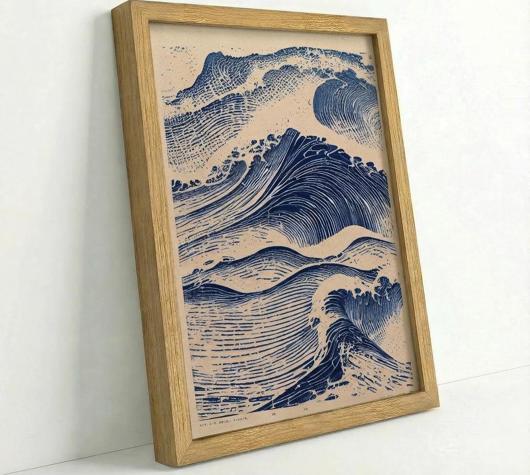 Framed Japanese Style Ocean Wave Wall Art Coastal Wall Decor Picture Minimalist Woodblock Print Navy Blue and Cream Abstract Seascape Artwork for Living Room Bathroom Bedroom 16x24in