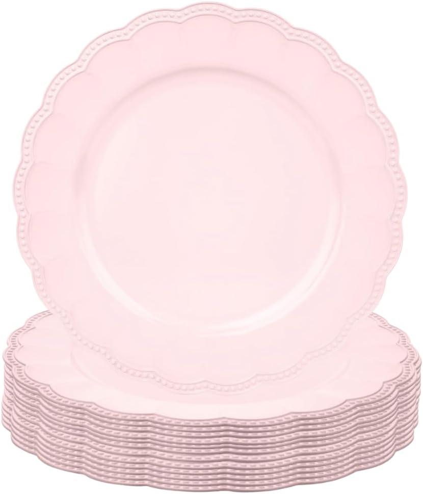 Koyal Wholesale 13" Set of 12 Matte Blush Pink Beaded Scallop Charger Plates, Antique Finish, Bulk Acrylic Plastic
