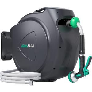 Retractable Garden Hose Reel, 100Ft x 1/2" Durable Wall Mounted Water Hose Reel with 180Swivel Bracket, 9 Pattern Sprayer, 6Ft leader hose,Smooth Automatic Rewind, Any Length Lock