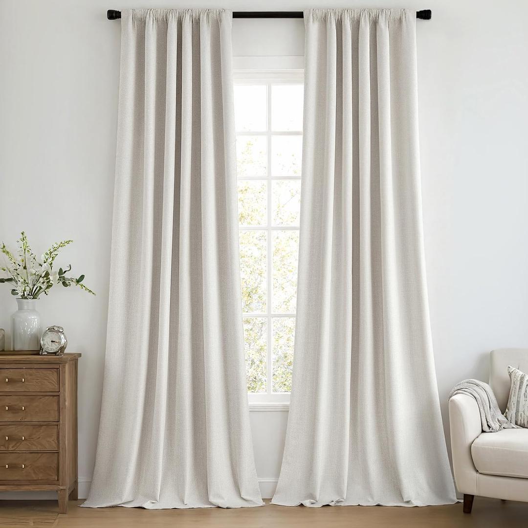 MIULEE 100% Blackout Curtains 102 Inch Long 2 Panels Set for Bedroom, Thick Faux Linen Black Out Curtain Room Darkening Back Tab Pleat Window Textured Drapes with Hooks for Living Room, Light Beige