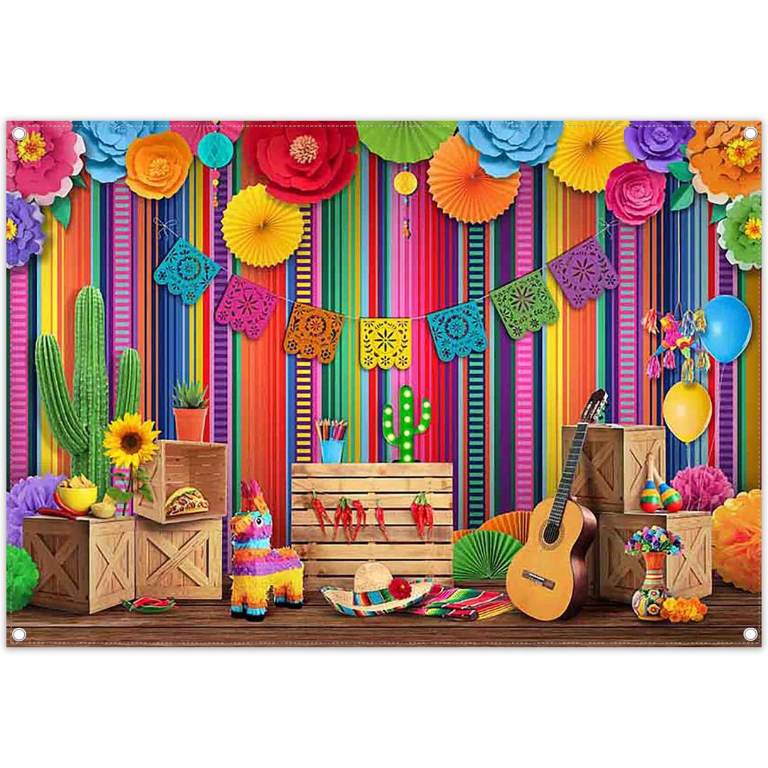 Swepuck 10x8ft Fabric Cinco De Mayo Backdrop Mexican Fiesta Colorful Stripes Flower Chili Cactus Guitar Photography Background Festival Party Decorations Photo Booth Banner