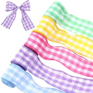 Dingion 5 Roll Gingham Ribbon Spring Pastel Plaid Ribbon Ruffled Edge Checkered Decorative for Wreath Bow Making DIY Crafts Wrapping Wedding Bouquet Decor(Wired,2.5 Inch X 5 Yards)