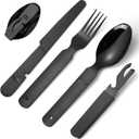 Portable Silverware Black Flatware Camping Cutlery Stainless Steel Spoon Fork Knife and Bottle Opener 4 Pieces Utensil Outdoor Travel Foldable Easy to Clean