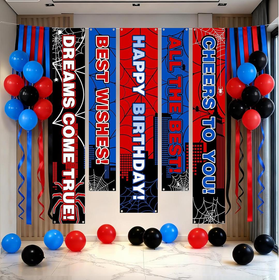 Ajioso Spider Theme Happy Birthday Banner Sign Party Wall Decorations Backdrop with Hanging, Blue Red Black Balloons, Superhero Outdoor Party Supplies Set for Boy-28 Pcs