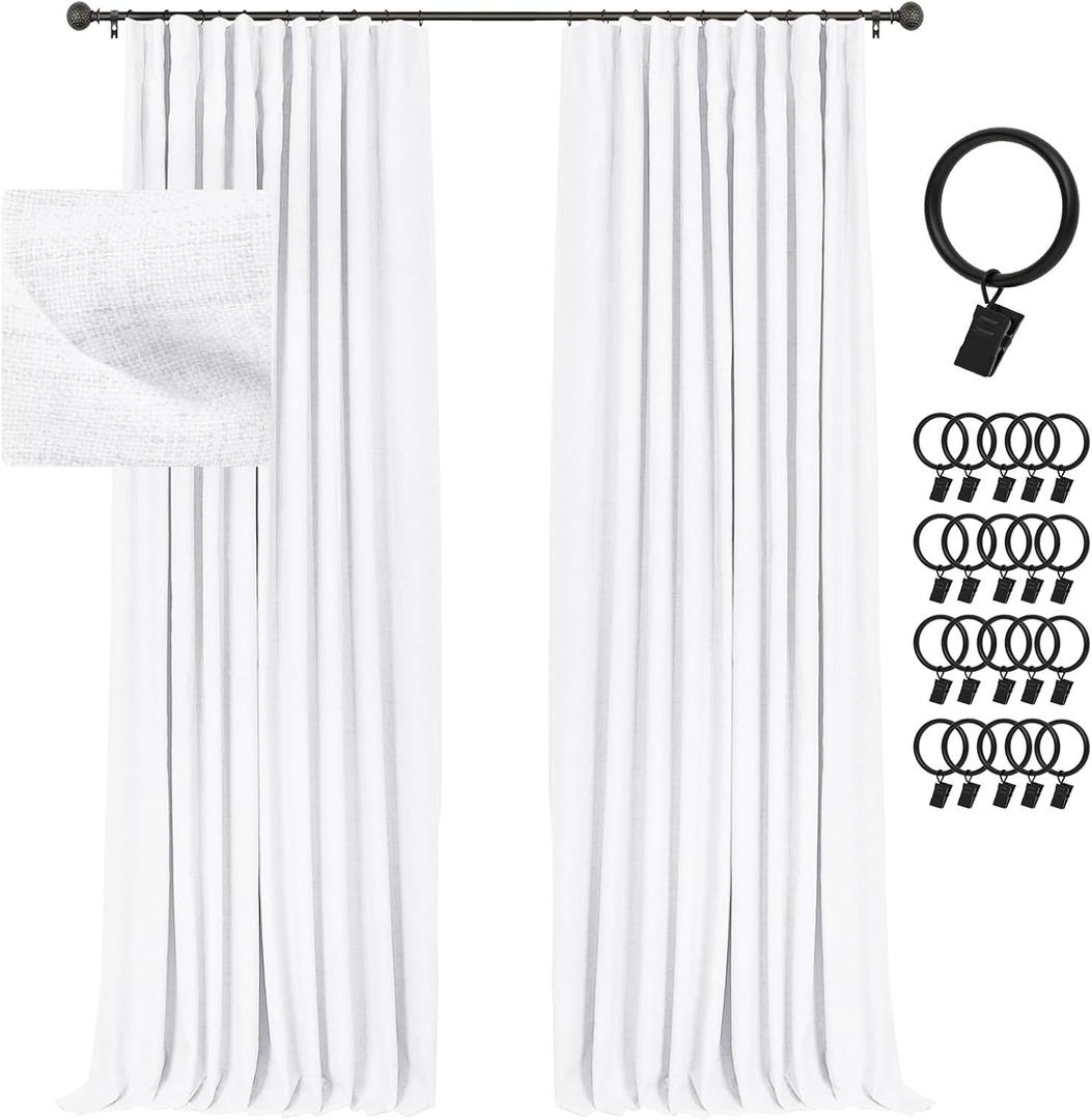 INOVADAY 100% Blackout Curtains for Bedroom, Black Out Curtains 90 Inch Long, Clip Rings Linen Blackout Drapes, Thermal Insulated Room Darkening for Living Room, 2 Panels - White,W50xL90